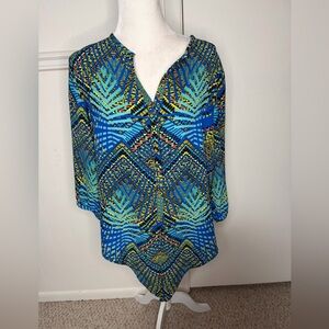 Peter Nygard Vibrant Blue and Green tie Blouse size 14